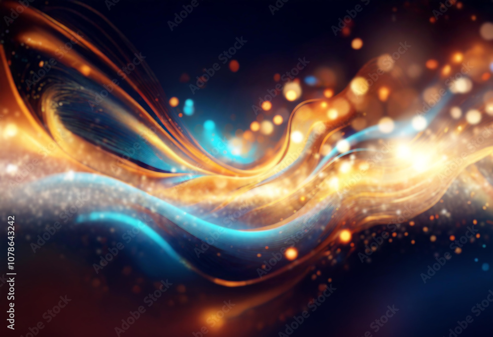 Poster Abstract glowing waves and bokeh on a dark background.