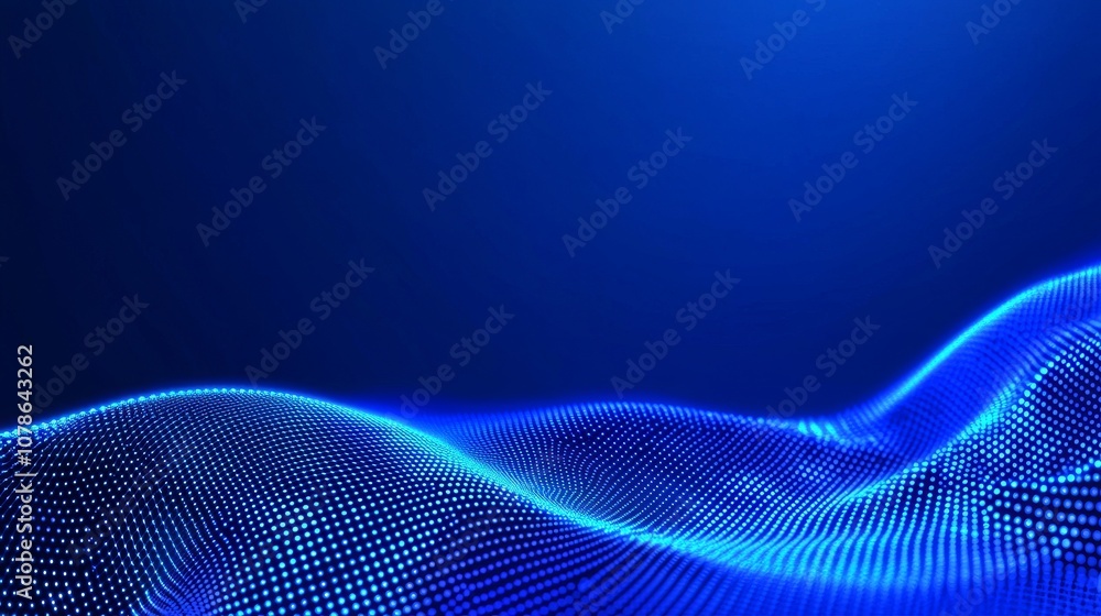 Poster an abstract blue tech background featuring digital waves, dynamic networks, artificial neural connec