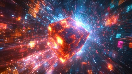 Fototapeta premium A glowing cube with digital particles radiating outward.