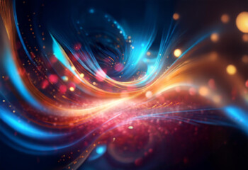 Abstract blue and orange glowing lines with a bokeh background.