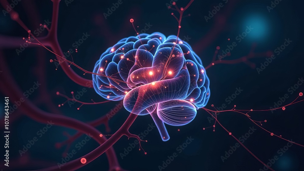 Poster futuristic digital brain in a neural network with glowing connections