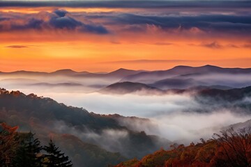 Fototapeta premium foggy mornings in the smoky mountains a thick layer of fog hangs