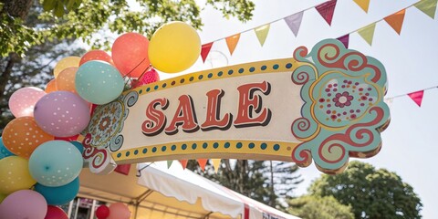 Vintage Style Photography of a Colorful Balloon-Style Sale Banner with Bright Colors and Whimsical Design for Seasonal Promotions and Festive Events