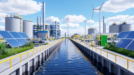 Obraz premium A solar panel, wind turbine, and sustainable infrastructure power plant that will be integrated with a financial institution