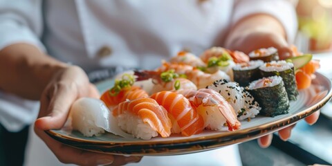 Close-up of a waiter serving sushi on a plate in a dining establishment, showcasing hospitality and the food industry involving fish, rice, and seaweed in a casual setting