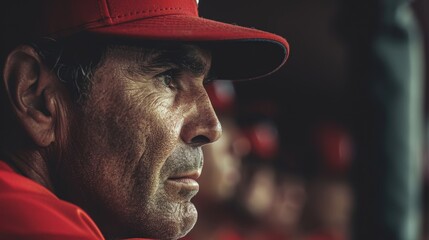 Serious coach in dugout strategizing and planning, focused on team goals while observing players during a game