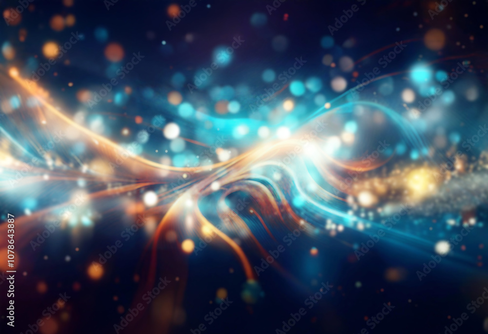 Poster abstract dark blue and orange background with glowing lines and bokeh.