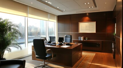 Fototapeta premium A modern office with a large desk and window views, perfect for a successful entrepreneur.