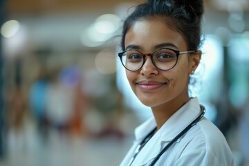 Healthcare professional with a cheerful demeanor and glasses in a hospital lobby on a mission to assist. Confident female leader in the medical field emphasizing vision and trust