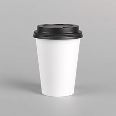 White paper cup with black lid on gray background. Suitable for branding, advertising, mockup or beverage design.