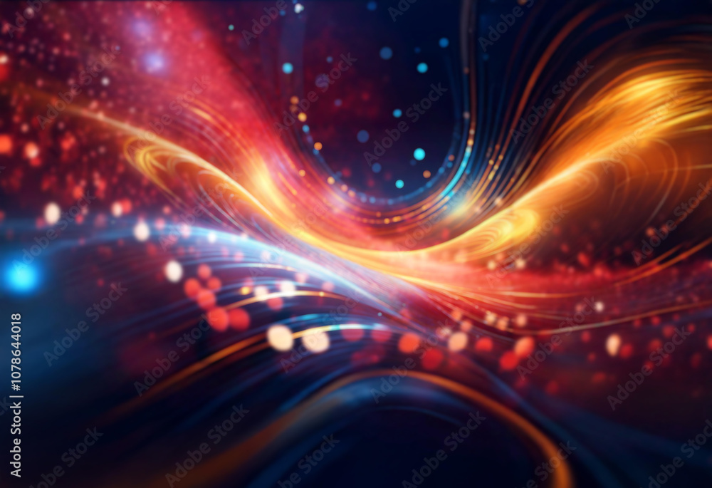 Poster Abstract glowing lines of blue and orange swirl on a dark background with blurred bokeh lights.