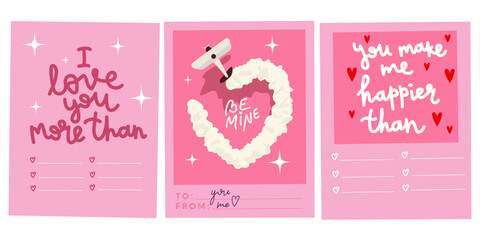 Valentine's day, aesthetics love. 14 February holiday. Valentine's day pink retro card design set. I love you more than. Lover phrase hand drawn write. Love vector print postcard