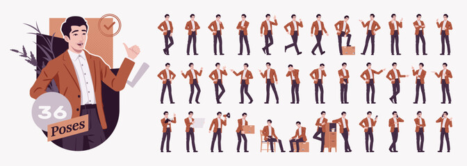 Handsome businessman wearing brown blazer suit jacket character set, office bundle. Confident active project leader in co-working space poses, ceo conversation, life situations. Vector illustration