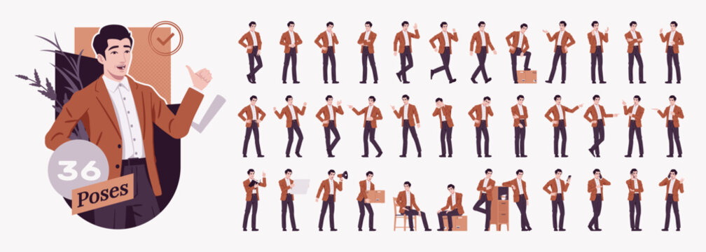 Handsome businessman wearing brown blazer suit jacket character set, office bundle. Confident active project leader in co-working space poses, ceo conversation, life situations. Vector illustration