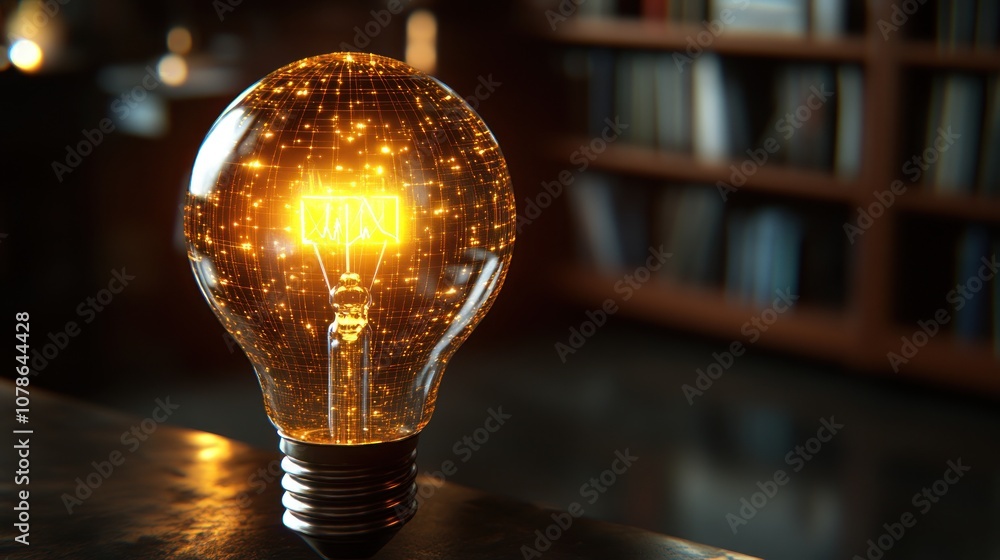 Poster a glowing light bulb on a desk in front of a bookshelf.