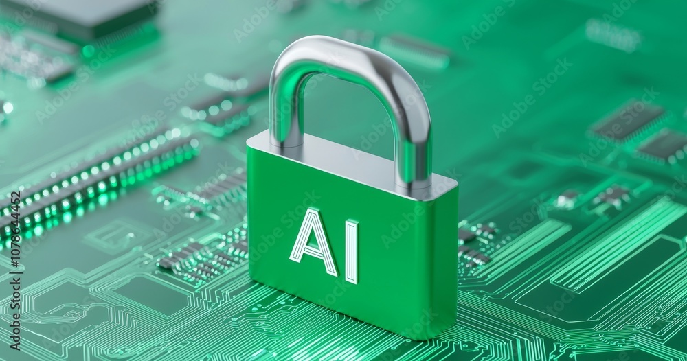 Poster ai padlock locked on dark green background for computing system, preventing fraud, protecting privac