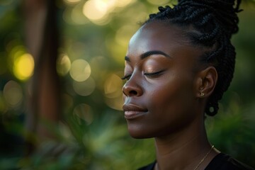 Portrait of a woman practicing yoga and meditation in nature for mental well-being and fitness. Emphasizing mindfulness and the search for inner peace through outdoor exercise