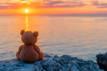 Back view of a teddy bear sitting on a stone and looking at the sea with a sunset sky in the background, Generative AI
