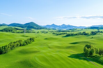 Obraz premium An aerial view of a wind farm or wind park, with a lot of wind turbines for generating electricity. A green energy concept.