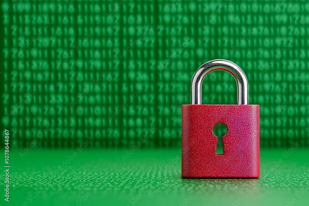 Poster cybersecurity concept highlighting data privacy protection through encryption, lock, binary digits b