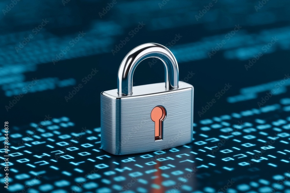 Poster this concept consists of a lock, binary digits background, copy space for text, and a security conce