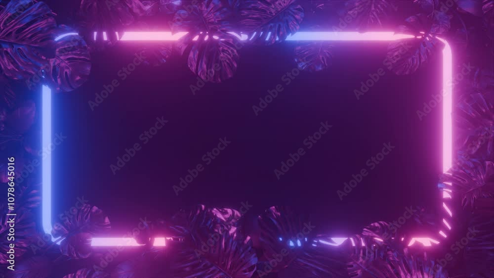 Poster abstract neon jungle frame with vivid leaves and seamless loop background