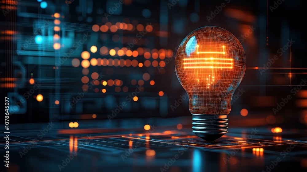 Poster a glowing light bulb with a circuit board design inside, against a dark background with a digital ci