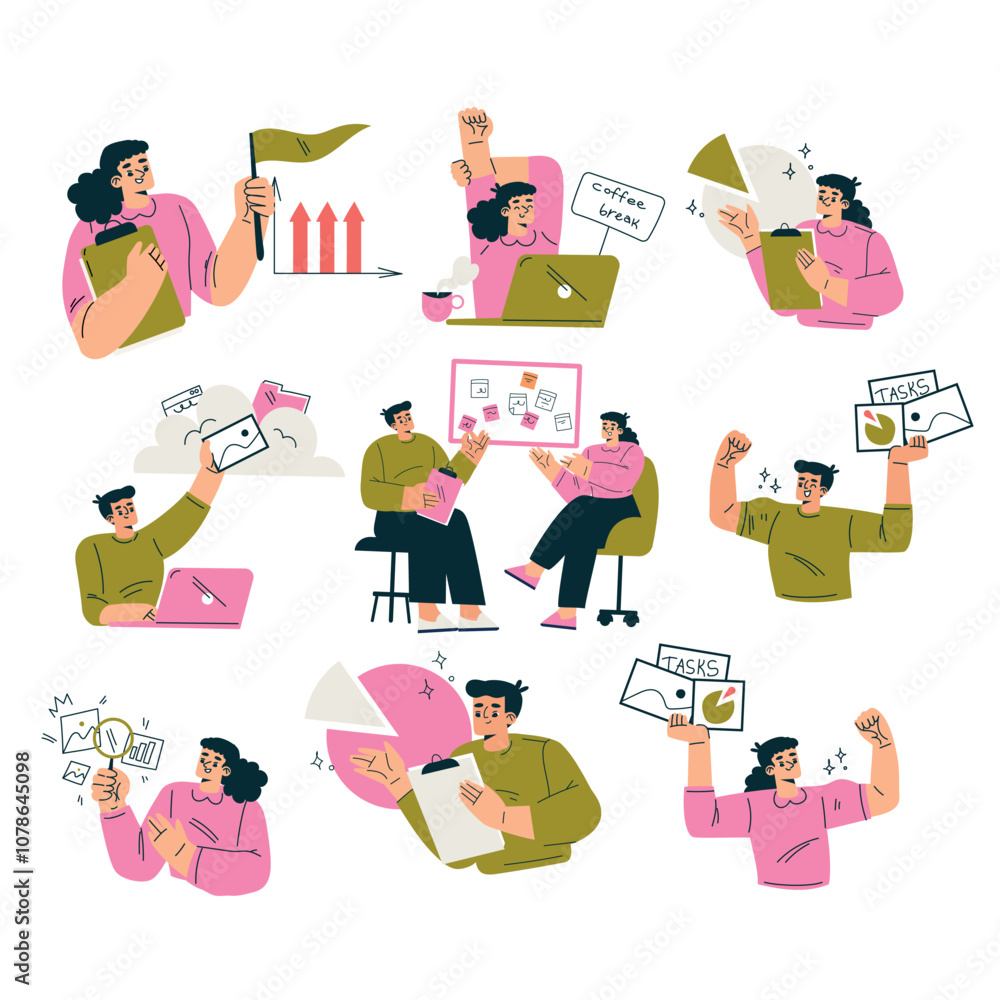 Poster productive workflow with man and woman managing task vector set