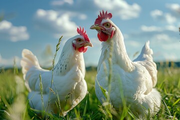 Chickens and farming in a sunny green field, highlighting free-range agriculture, sustainability, and natural animal growth under a clear blue sky
