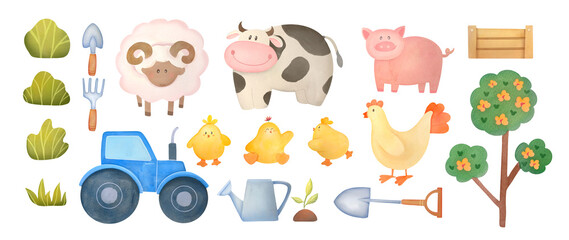 Farm animals and cute gardening tools set. Spring collection of sheep, cow, chickens, pig, tractor, shovel, rake, watering can, scoop. watercolor illustrations isolated on white background