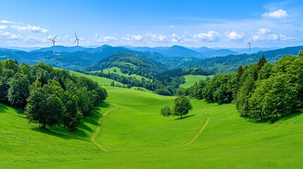 Fototapeta premium The green rural landscape of Werbach, Germany with wind turbines at the horizon. Renewable green energy.
