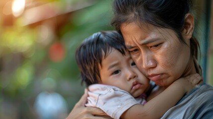 Fototapeta premium Emotional scene of a mother comforting her distressed son outdoors, providing care and support during a difficult time of grief or pain