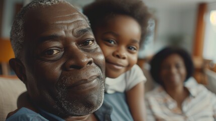 Family portrait featuring joyful faces of a father, child, and grandmother relaxing together on a sofa in their living room, capturing moments of love and togetherness