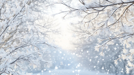 A 3D winter scene with snow-covered trees and a gentle snowfall. The branches are coated with frost, and snowflakes can be seen falling in mid-air, creating a serene, frosty atmosphere.