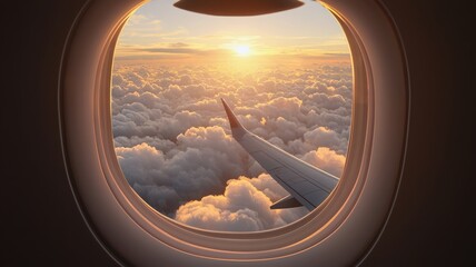 Fototapeta premium View of airplane wing above clouds during sunset from inside passenger cabin.