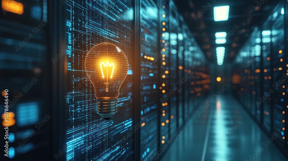 Poster a glowing light bulb shines brightly in front of a row of servers in a dark data center.