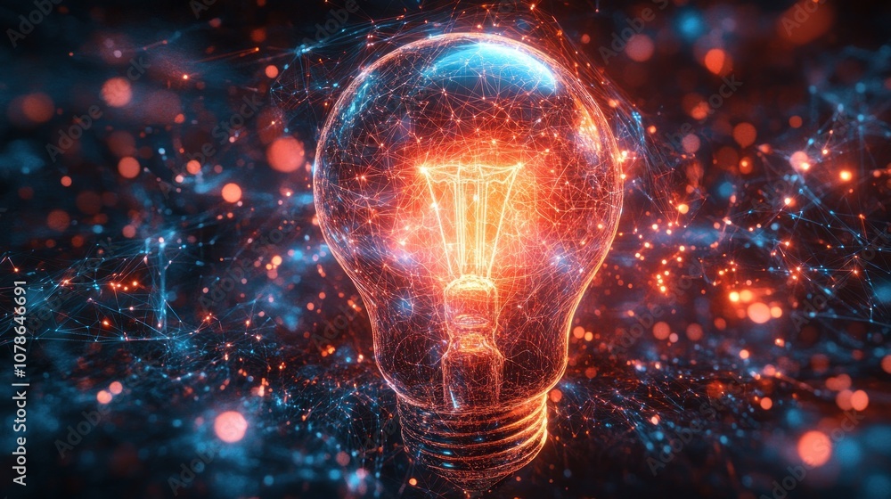 Poster a glowing light bulb with a network of connections surrounding it.