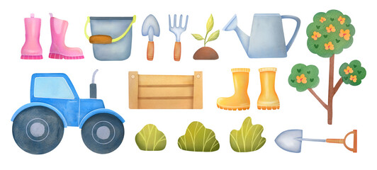 cute gardening tools set. Spring elements tractor shovel, rake, watering can, rubber boots, scoop, greenery. watercolor nice illustrations isolated on white background. gardening and horticulture
