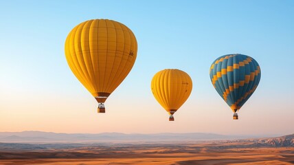Obraz premium Colorful hot air balloons soaring across a clear sky over vast open landscapes.
