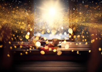 A steaming cup of coffee rests on a wooden surface next to a cozy blanket. The window behind shows a blurry view of a wintery landscape.