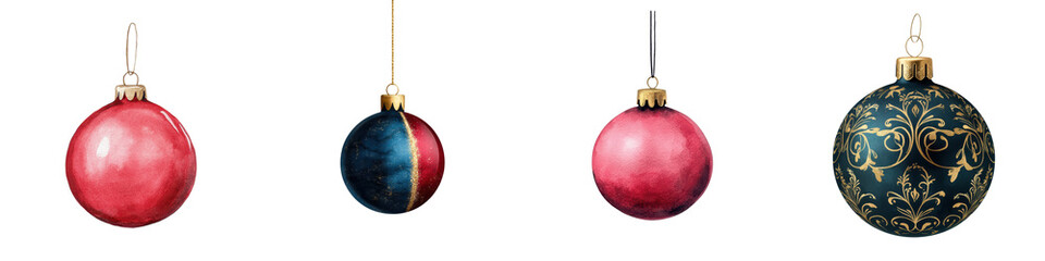 Elegant assortment of ornamental Christmas balls baubles and in a variety of festive holiday colors patterns and styles including red blue black and gold presented in a still life composition