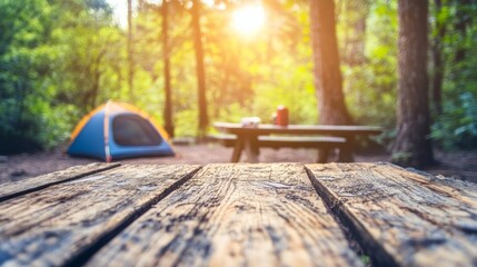 Empty rustic wooden table in a forest area, with a camping scene in the background, featuring natural surroundings, trees, a peaceful outdoor atmosphere. Perfect for nature lovers, outdoor enthusiasts