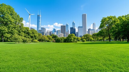 Fototapeta premium Symbolizing sustainable energy and environment-friendly development, a vibrant urban landscape features solar panels and wind turbines.