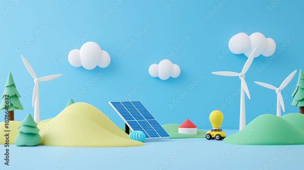 Poster During the summer, solar panels and wind turbines are on display.