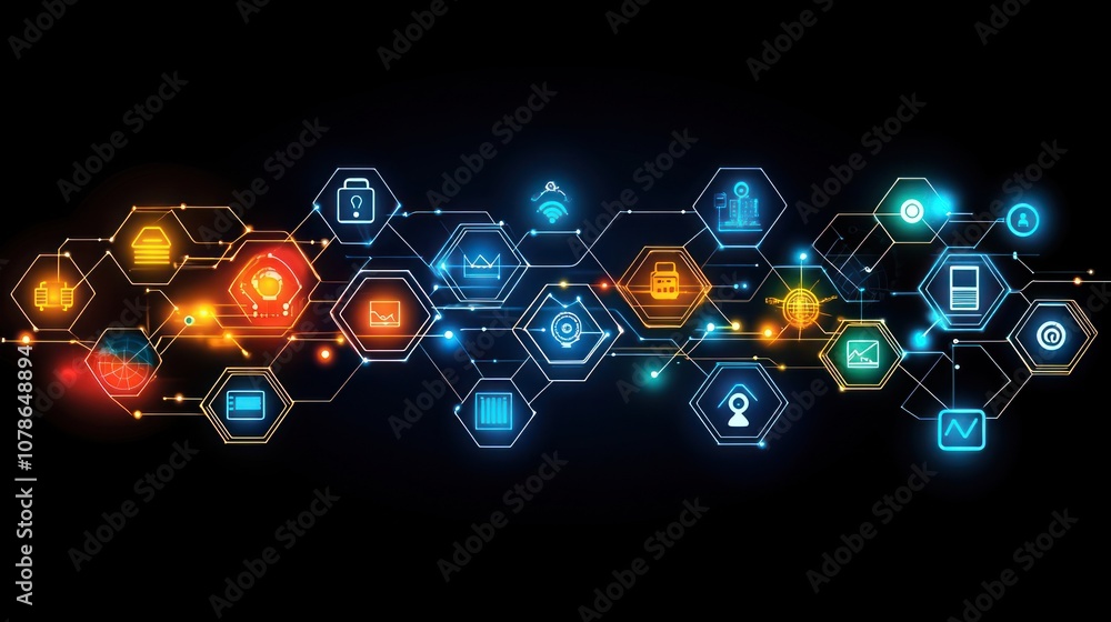 Poster a glowing network of connected hexagonal icons representing various online business activities.