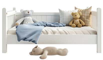Cozy children's bed with plush toys and soft bedding, designed for a bright and inviting nursery or playroom décor showcasing warmth and comfort, isolated transparent background