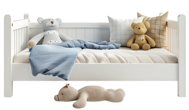 Cozy children's bed with plush toys and soft bedding, designed for a bright and inviting nursery or playroom décor showcasing warmth and comfort, isolated transparent background