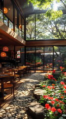 Fototapeta premium Tanzanian coffee meets Japanese tea cafe, restful. An oasis of calm, a flower garden, and a modern, clean environment