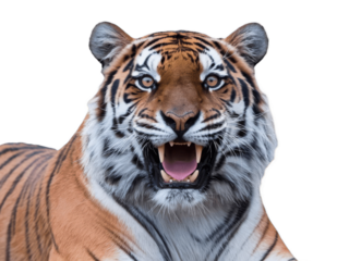 Close-Up of a Striking Tiger with Mouth Open, Showcasing Sharp Teeth, Vivid Orange Fur, and Intense Yellow Eyes