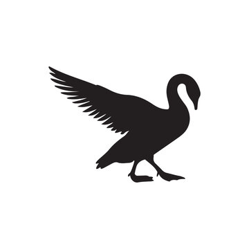 goose isolated on white, Black silhouette of goose. Isolated image of farm bird. Domestic amimal icon. Isolated image